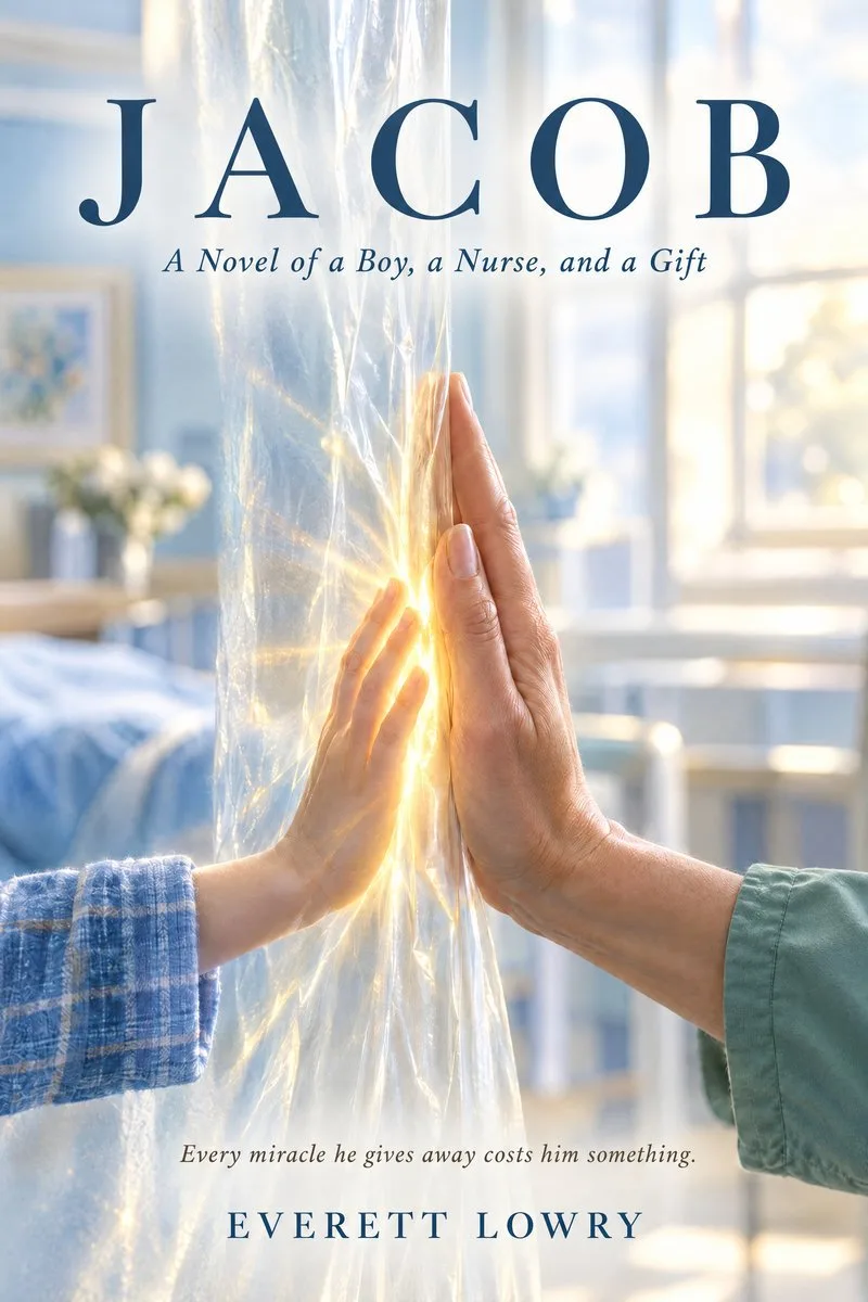 Cover of Jacob by Everett Lowry: a child’s hand and a nurse’s hand pressed palm to palm through clear plastic sheeting, lit gold where they meet